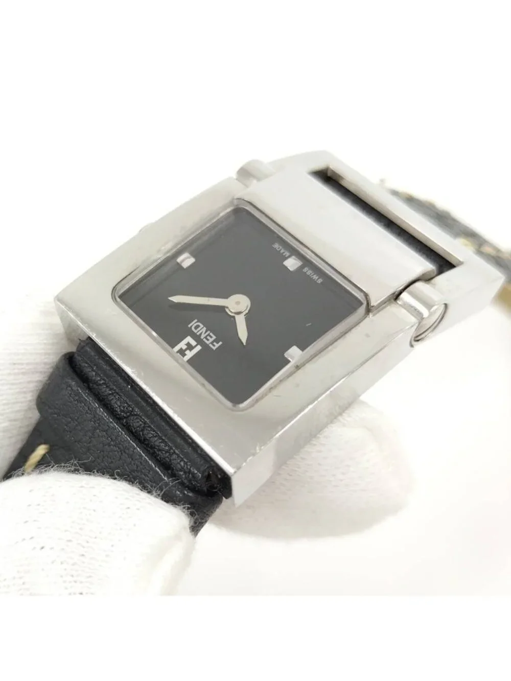 Fendi Watch Orologi Square SS Quartz Leather Black Dial
